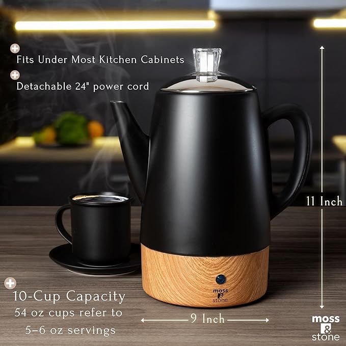 Moss & Stone 10 Cup Black Percolator Coffee Pot Electric, Stainless Steel Coffee Percolator Electric With Keep Warm Function, Classic Perculator Pot With Removable Basket for Home or Office