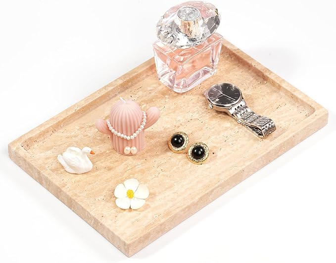 Large Travertine Marble Tray - Square Decorative Stone Vanity Perfume Plates for Bathroom Accessories Coffee Table Bar, Dresser Dish for Kitchen Countertop (11.8" x 7.9" x 0.8")