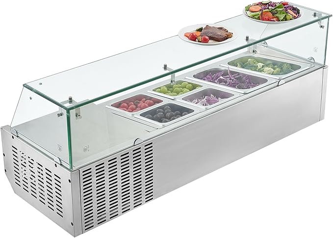 VEVOR Refrigerated Condiment Prep Station, 130 W Countertop Refrigerated Condiment Station, with Two 1/3 Pans & Four 1/6 Pans, 304 Stainless Body and PC Lid, Sandwich Prep Table with Glass Guard