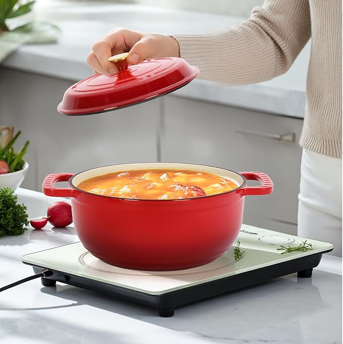 ROVSUN 5 Quart Enameled Cast Iron Dutch Oven with Lid, Dual Handles, Oven Safe up to 500°F or on Stovetop, Compatible for Braising, Stews, Roasting, Bread Baking-Red