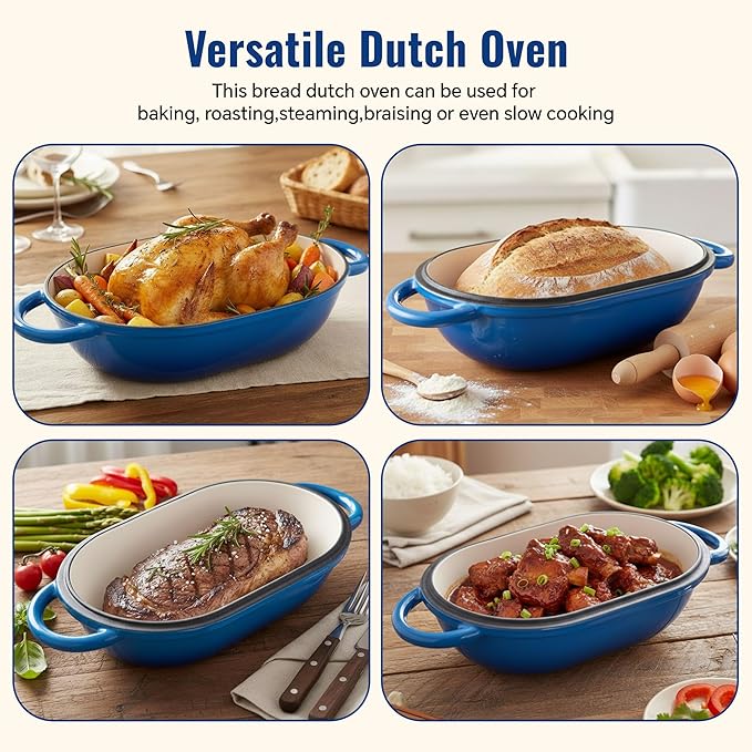2 QT Oval Dutch Oven for Bread Baking, Enamelled Cast Iron Bread Oven for Sourdough, Sourdough Loaf Pan with Lid, Heavy-Duty Non Stick Bread Pan for Homemade Bread Baking, Blue