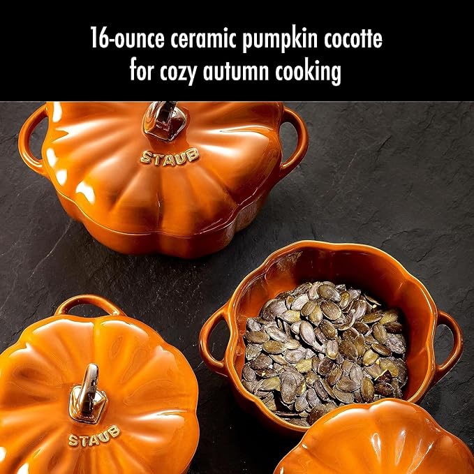 STAUB Ceramic 0.75-qt Petite Pumpkin, Oven & Stove Safe up to 572°F, Pumpkin Dish, Baking Candy Burnt Orange