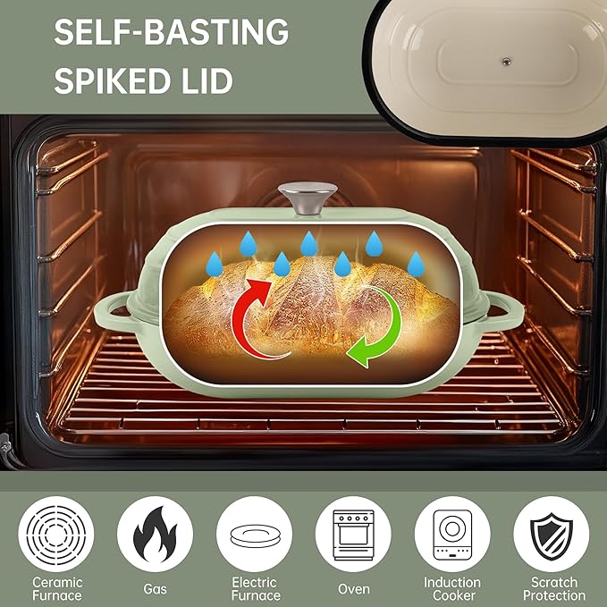 Premium Enameled Cast Iron Dutch Oven for Bread Baking | Non-Stick 5QT Oval Bread Oven with Lid | Perfect for Sourdough, Loaf, and Artisan Baking (Gradient Green, 5 QT)