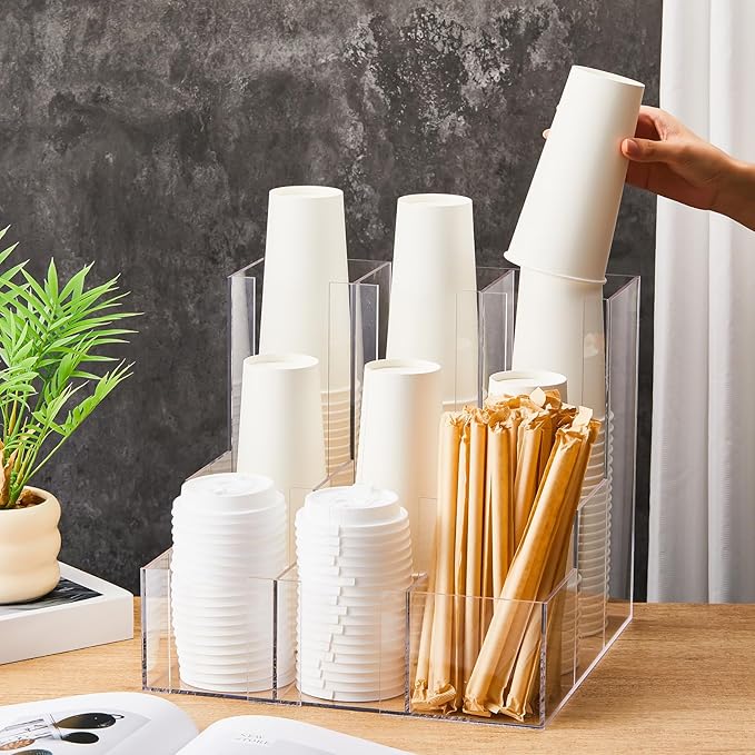 Acrylic Vertical Coffee Cup and Lid Dispenser, Coffee Condiment Organizer, 9 Compartment for Disposable Paper & Plastic Cup, for Cabinet Station Home Countertop Bar 13''l x 13''w x 12''h
