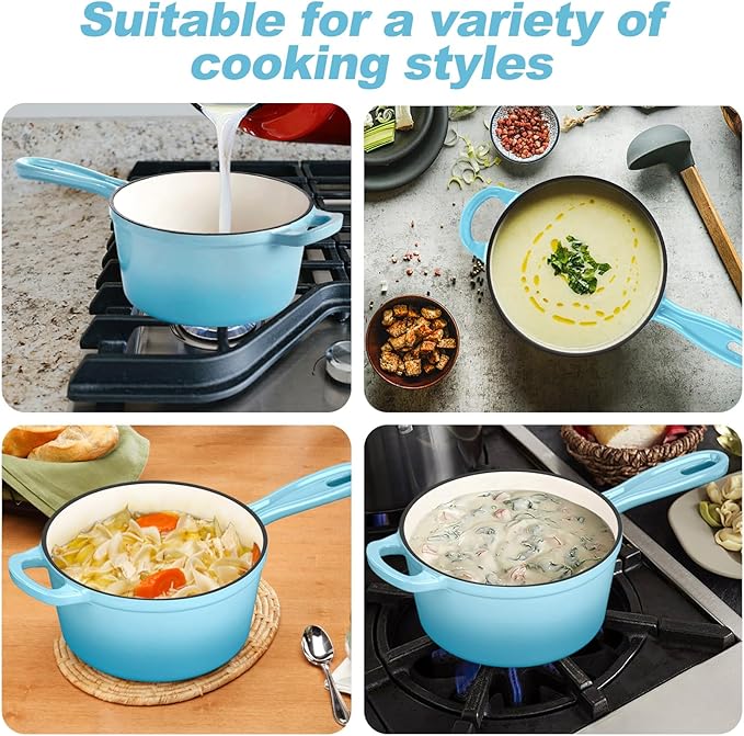 HaSteeL 2 QT Cast Iron Saucepan, Mini Enamel dutch oven with lid, Small Non Stick Pan for Milk, Pasta Tomato Sauce, Butter, Breakfast, Soup, Suitable for Boiling Stewing Frying, Easy to Clean, Blue