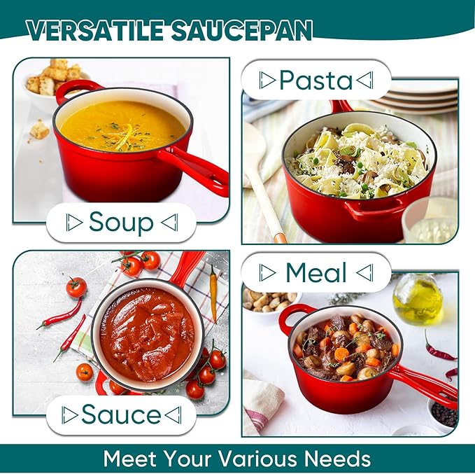 TeamFar 1+2QT Enameled Cast Iron Sauce Pan, Small Sauce Pot with Lid, Mini Dutch Oven Saucepan for Cooking/Simmering/Baking/Boiling, Sturdy & Nonstick, Oven Safe & Fit for Induction - Red