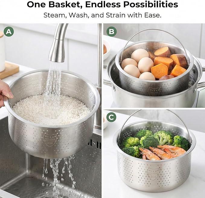 Stainless Steel Steamer Basket for 10-Cup Rice Cooker - Metal Steaming Rack with Handle, Effectively Removes Sugar from Rice for Healthy Diet, Vegetable Steamer Insert