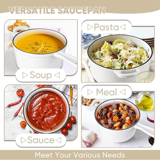 TeamFar 3QT Enameled Cast Iron Sauce Pan, Small Sauce Pot with Lid, Mini Dutch Oven Saucepan for Cooking/Simmering/Baking/Boiling, Sturdy & Nonstick, Oven Safe & Fit for Induction-White