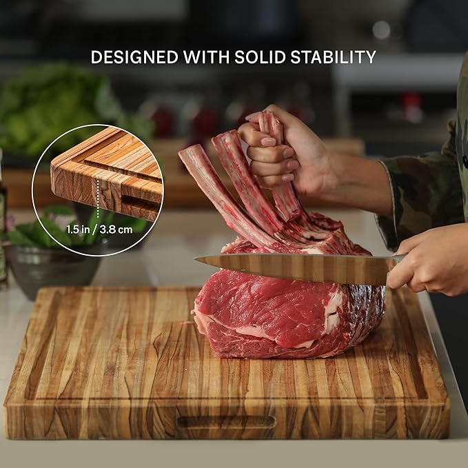 Teakhaus Carving Board and Cutting Board Oil Set - Includes Medium (M) Wood Cutting Board with Grip Handles and EON Food Grade Mineral Oil - Knife-Friendly - FSC Certified