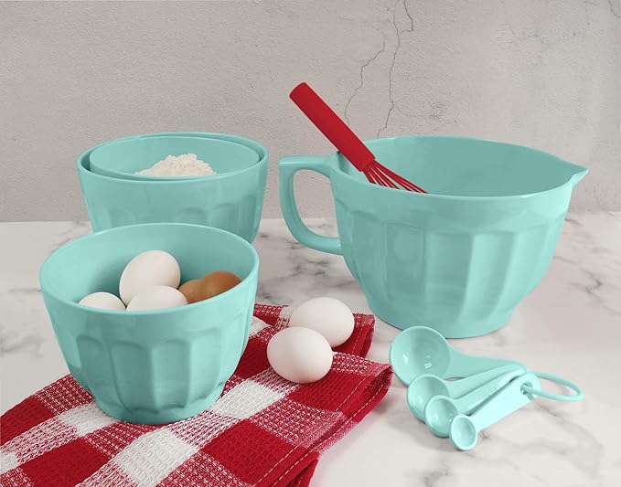 UP UPware Latte Style Melamine Batter Bowl with Pour Spout, Handle and Non-Slip Base, Grip Handle for Easy Mix and Pour, Home Essentials Cooking and Baking Tools, 4.3 quart, 11.5 x 8.75 Inch, Blue