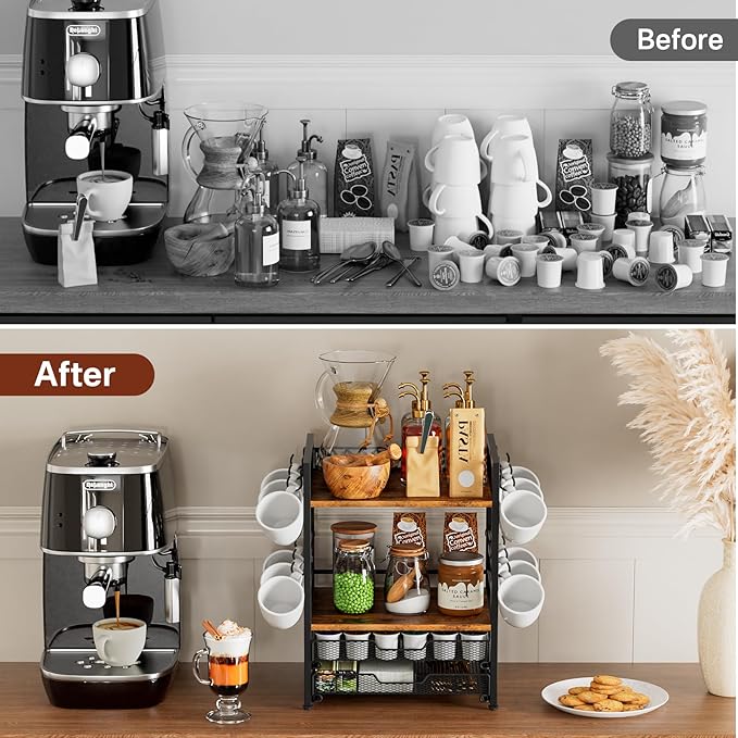 Coffee Bar Organizer Countertop Station Shelf, 4 Tier Mug Cup Holder Stand with 12 Hooks, 30 K Cup Coffee Pod Holder, Multifunctional Coffee Shelf Organizer for Accessories Station Kitchen