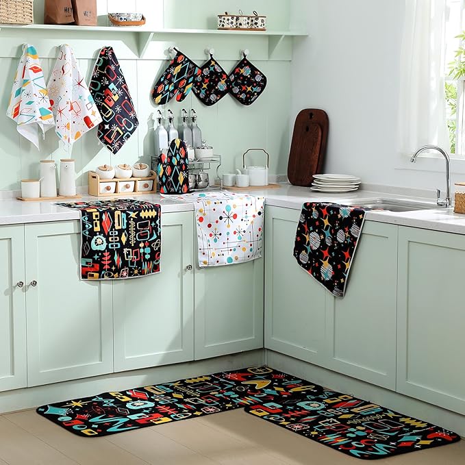 12 Pcs Retro Kitchen Decor Mid Century Oven Mitts and Pot Holders Set Mid Century Kitchen Dish Towels Vintage Abstract Geometric Potholders Rugs Mats for Black White Baking Cooking BBQ Gift