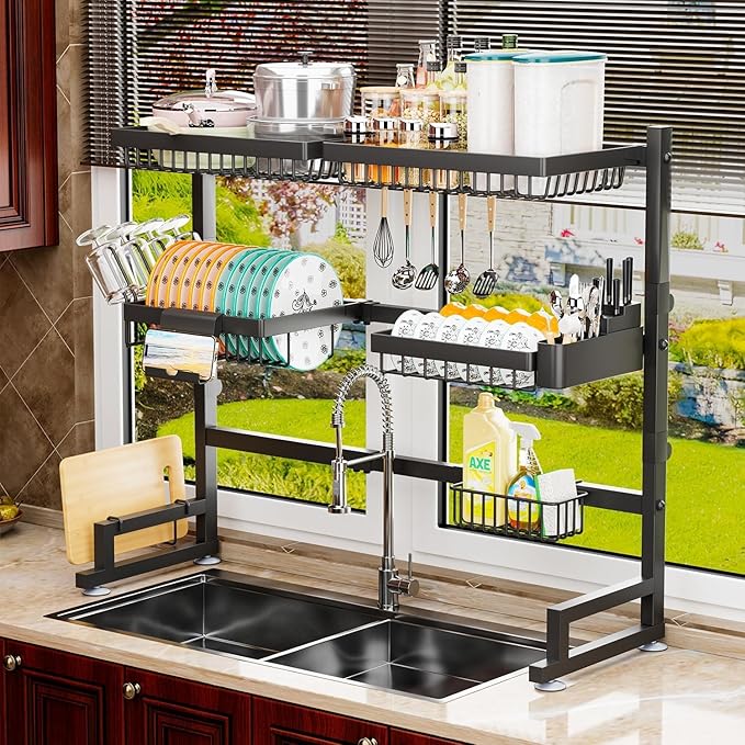 Over The Sink Dish Drying Rack 27-40L x 12W x 32.5-37H (inches) (Expandable Height and Length) Snap-On Design 2 Tier Large Dish Rack