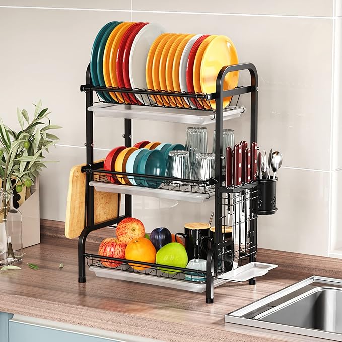 Dish Drying Rack - Warmfill 3 Tier Dish Rack Rustproof Stainless Steel Large Capacity with Utensil Holder, Cutting Board Holder and Dish Drain Rack for Kitchen Counter,Black