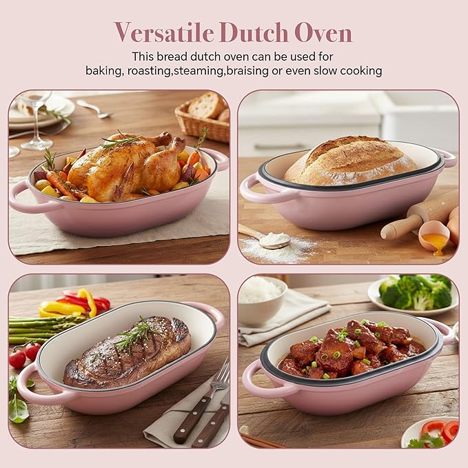 2 QT Oval Dutch Oven for Bread Baking, Enamelled Cast Iron Bread Oven for Sourdough, Sourdough Loaf Pan with Lid, Heavy-Duty Non Stick Bread Pan for Homemade Bread Baking, Pink