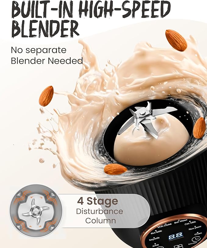 Wamery 32oz Nut Milk Maker Machine (Black) - Soy Milk Maker for Almond & Oat, Automatic Heated Programs, Self‑Cleaning, Delay Start, Keep Warm & Boil Water, 1‑Liter Capacity with Starter Accessories