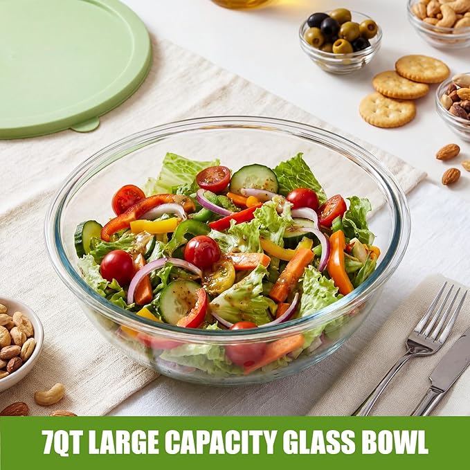 7qt Large Glass Mixing Bowl with Lid Thickened Borosilicate Glass Bowl for Baking Sourdough, Meal Prep, Salad, Mixing, Microwave Storage Prepping Freezer Safe