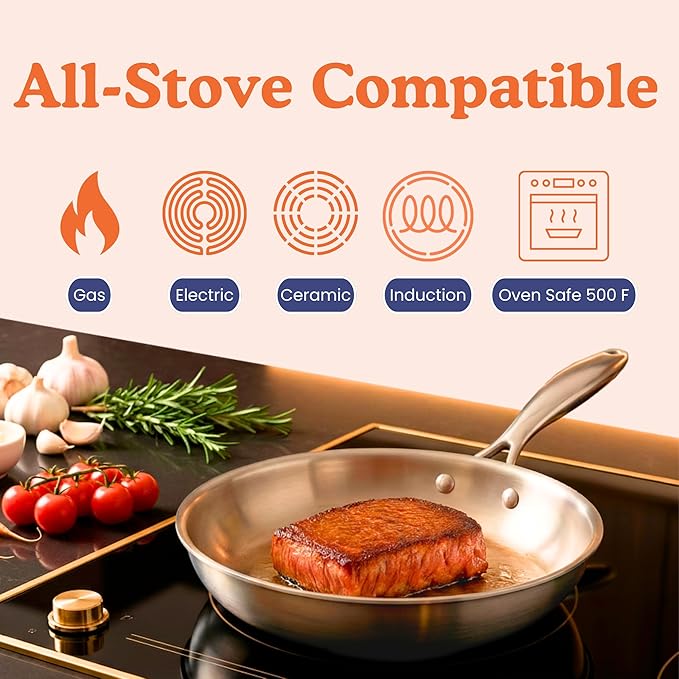 Ziruma Non-Toxic 11" Surgical Grade Stainless Steel Frying Pan, Fully Clad for Fast & Even Heat, PFOA-Free, Induction Compatible, Oven Safe to 500ยฐF