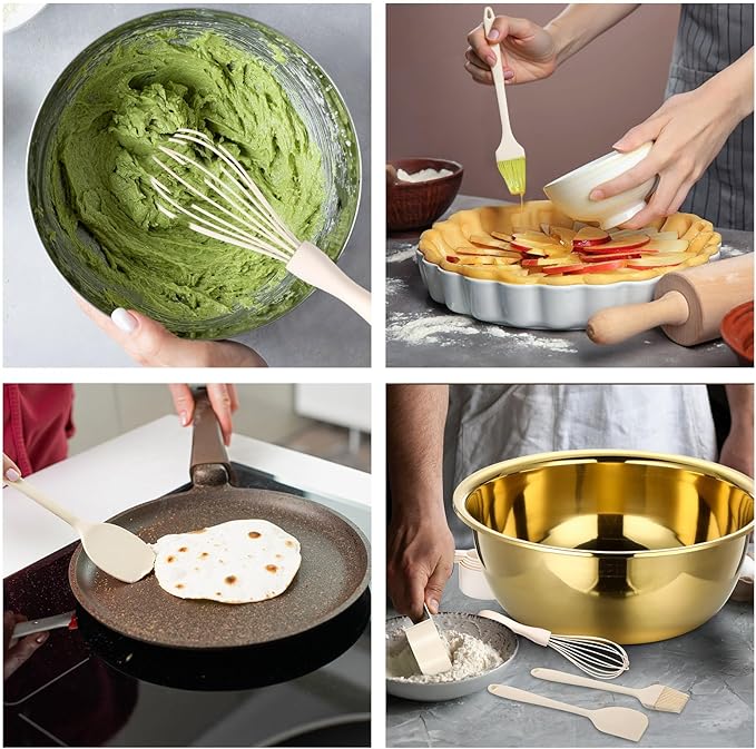 Baderke 7 Psc Gold Mixing Bowls Set 13.4 Inches 8 Qt Large Stainless Steel Prep Bowl with Spatula Basting Brush Egg Whisk &10 Measuring Spoons for Baking Kitchen Mixing Serving Storage