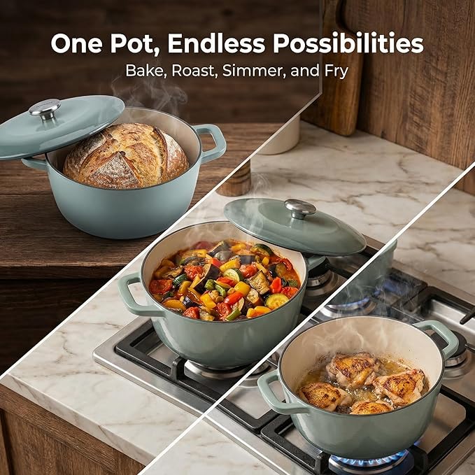 5QT Enamel Cast Iron Dutch Oven with Lid,Dual Handles,Versatile Heavy-Duty Non-toxic Cookware for Sourdough Bread Baking,Braising,Stews,Roasting,Oven Safe up to 500°F green
