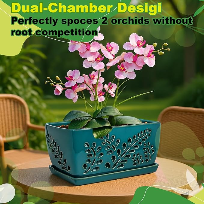 Ceramic Orchid Pot, 10 Inch Orchid Pots with Holes, Premium Thickened Handmade Glazed Pot for Orchidaceae Plants, Indoor Outdoor Decorative Flower Pots for Easy Repotting