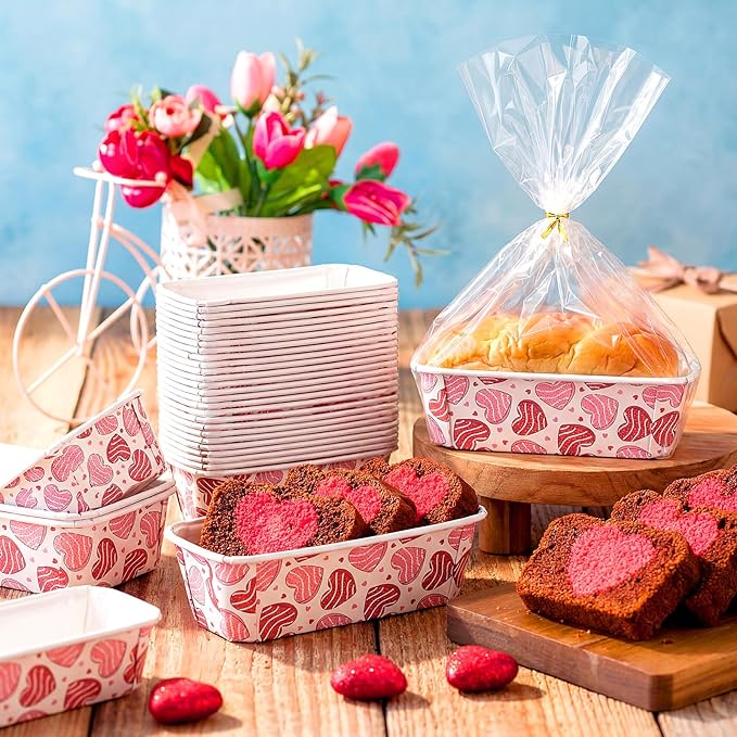Honeydak 100 Sets Mini Loaf Baking Pans Bulk Paper Loaf Pans for Baking 6.3 x 2.2 x 2.2 in Heart Cookie Disposable Serving Tray Treat Pattern Party Supplies(Romantic)
