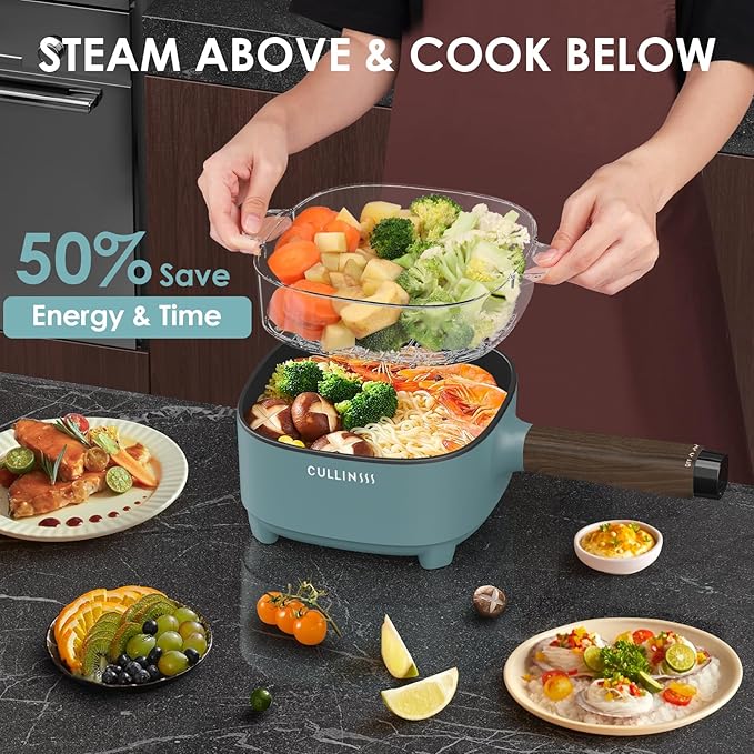 2L Electric Pot with Steamer, Portable Hot Pot Electric with Upgrade Titanium Nonstick Coating for Dorm, Office, Travel, Multi Cooker Pot for Ramen, Soup, Oatmeal (Tongs Included)