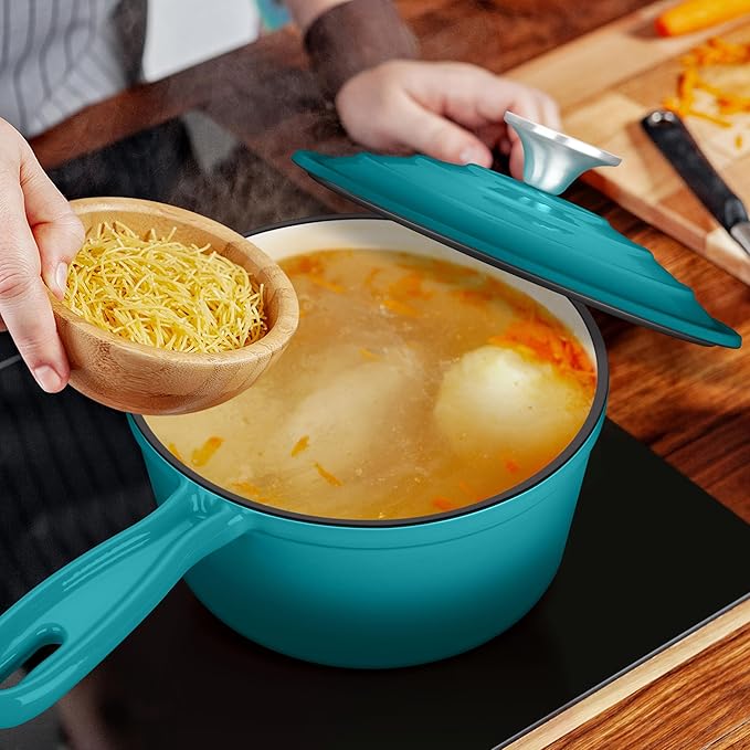 Enameled Cast Iron Sauce Pan with Lid, Leonyo 2 Quart Saucepan with Lid, Enamel Cast Iron Pot Dutch Oven Kitchen Cookware for All Cooktops Cooking Soup, Milk - Up to 500°F & 6.7Lbs, Lake Green