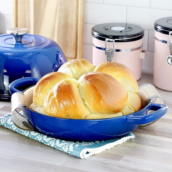 MegaChef 6 Quart Enameled Cast Iron Bread Pot in Red with Baking Mat, Dutch Oven, Bread Oven for Homemade Bread (Blue)