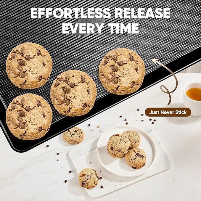 Nonstick Baking Sheet Pan Set of 3, Heavy Duty Cookie Sheets for Oven with Stripe Texture Pattern, 0.6mm Thick Quarter/Half/Jelly Roll Pans, Rust-Resistant & Easy Clean (Black)