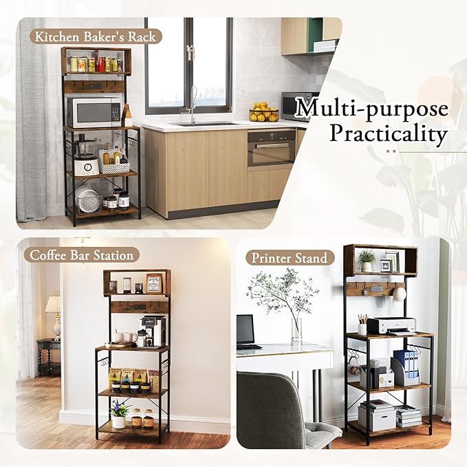 POWERSTONE 2 Kitchen Bakers Rack with Power Outlet, 5-Tier Coffee Bar Cabinet Microwave Stand with 10 S Hooks, Organizers and Storage for Kitchen, Living Room, Balcony & Office