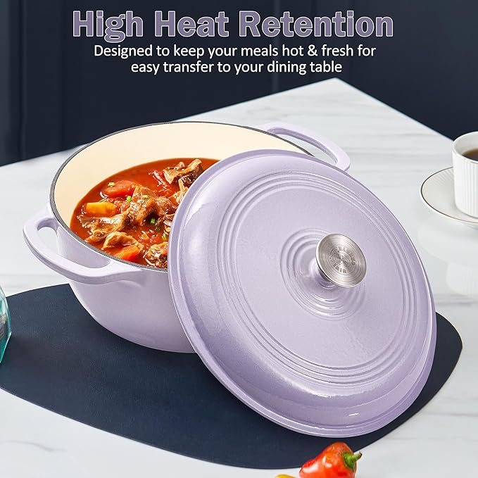 Vivicreate 6 Quart Enamel Cast Iron Dutch Oven Pot with Lid – Enameled Cookware for Baking, Roasting, and Braising – Durable Cast Iron Pot for Stove Top and Oven Use Red color (Purple)