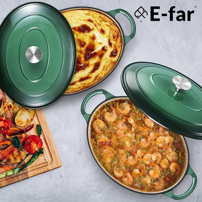 E-far 7QT Oval Dutch Oven Pot with Lid, Enameled Cast Iron Dutch Oven with Dual Handles, Heavy-Duty Cookware for Sourdough Bread Baking, Braising, Stews, Oven Safe & Easy Clean, Dark Green