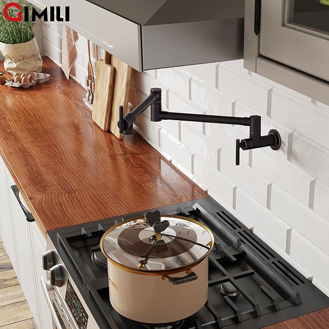 GIMILI Oil Rubbed Bronze Pot Filler Commercial Wall Mount Folding Double Joint Swing Arm Pot Filler Rotatable Wall Faucet