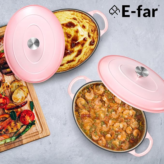 E-far 5QT Oval Dutch Oven Pot with Lid, Enameled Cast Iron Dutch Oven with Dual Handles, Heavy-Duty Cookware for Sourdough Bread Baking, Braising, Stews, Oven Safe & Easy Clean, Pink