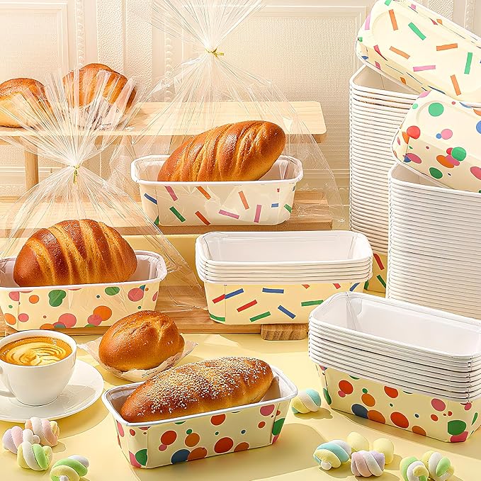 Honeydak 100 Sets Mini Loaf Pans Disposable Holiday Paper Baking Pans Bulk for Baking 6.3 x 2.2 x 2.2 in Mini Loaf Trays with Clear Plastic Packaging Bags and Ties Rectangle Food Trays (Confetti)