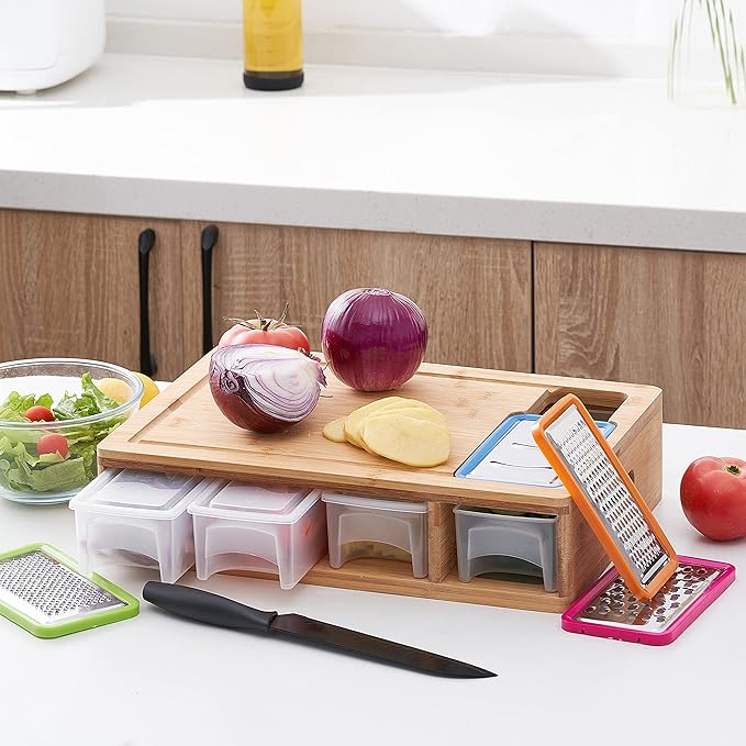 Bamboo Cutting Board with Containers, Lids, and Graters, Large Wood Cutting Board with Containers, Food Dropping Zone, Carving Board with Easy-grip Handle, Juice Groove