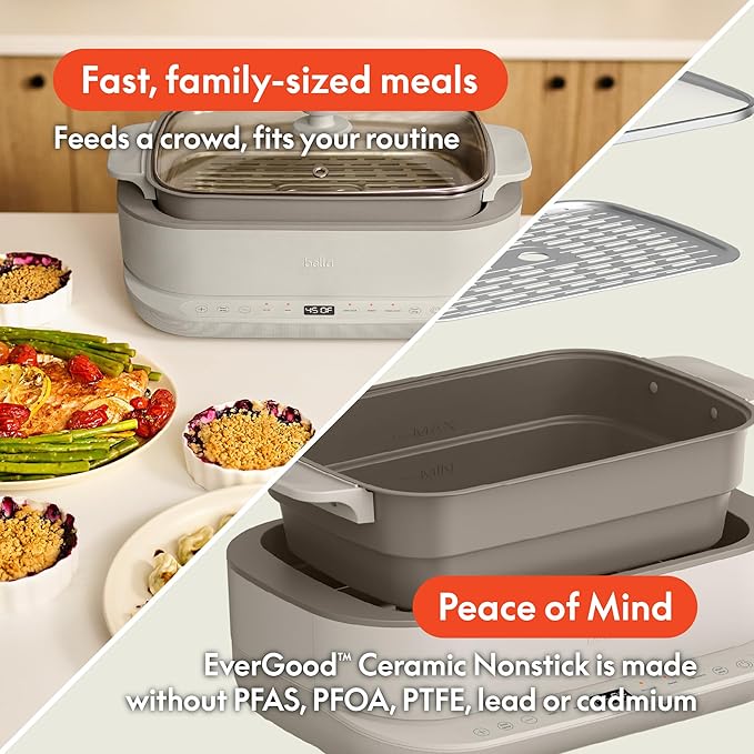 bella 6.0 QT Multi-Cooker, Ceramic Nonstick Coating, 4-in-1 Versatility, 4 cooking functions, Slow Cook, Sear, Saute, Steam, Serves 7 people, Dishwasher Safe Pot & Tempered Glass Lid, Tangle Free Cord Wrap, Oatmilk