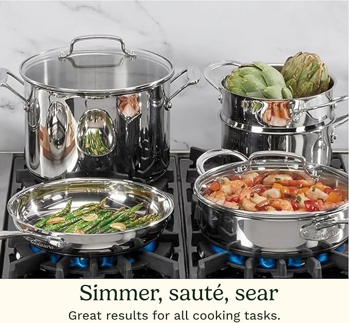 Cuisinart Chef’s Classic 11-Piece Stainless Steel Cookware Set, Pots and Pans Cooking Set with Aluminum Encapsulated Base to Heat Quickly and Evenly, Cool Grip Handles, Dishwasher Safe, 77-11G