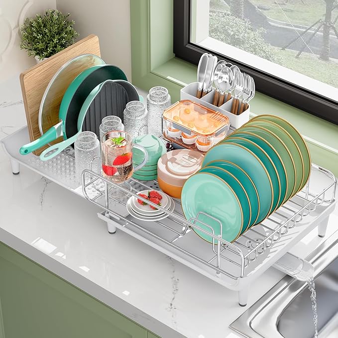 TOOLF Dish Drying Rack - Large Expandable Dish Rack for Kitchen Counter, Stainless Steel Dish Drainer for Kitchen Organization with Cutlery & Cup Holder,White
