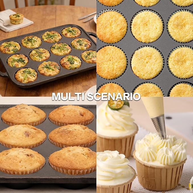 2pack Cast Iron Muffin Pans for Baking 12 Cup Regular Size Cupcake Pan with Handle Pre-Seasoned Muffin Pans Molds