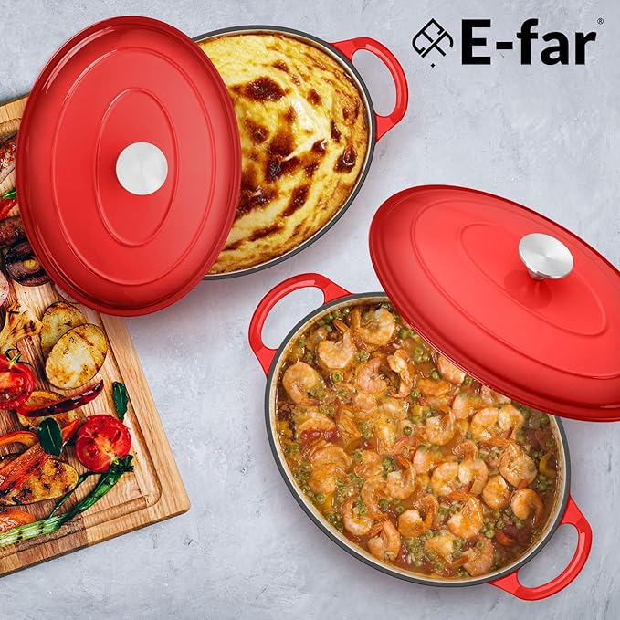 E-far 5QT Oval Dutch Oven Pot with Lid, Enameled Cast Iron Dutch Oven with Dual Handles for Sourdough Bread Baking Cooking, Nonstick Enamel Coated Cookware(Red), Non-Toxic & Easy Clean