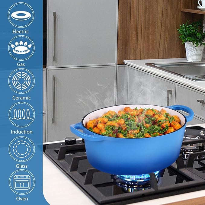P&P CHEF Oval Dutch Oven with Lid, Enameled Cast Dutch Oven Pot for Bread Baking, Braising, Stewing, Roasting, Non-Stick & Oven Safe, Dual Handles & Easy Clean, 7QT & Blue, Valentine's Day