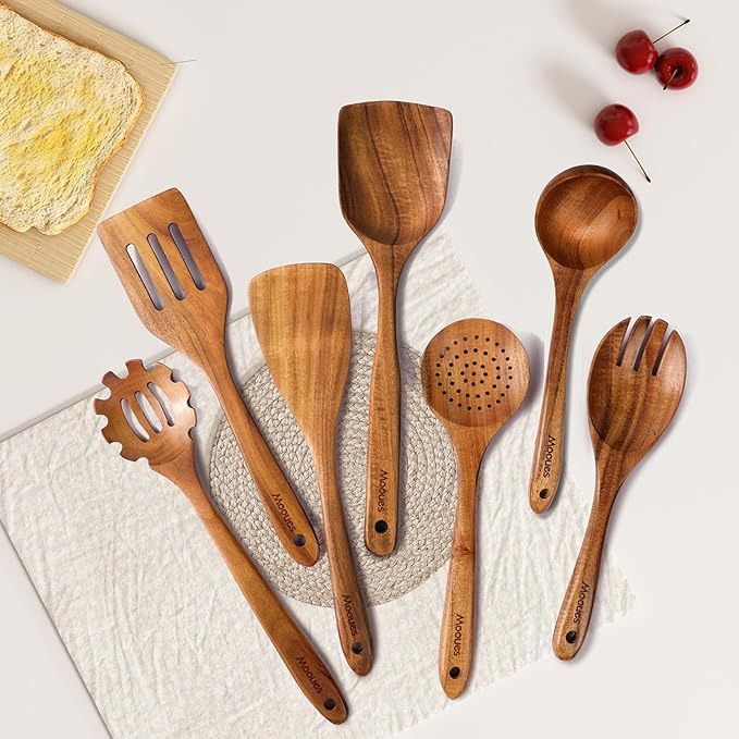 Wooden Spoons for Cooking, Wooden Utensils for Cooking Natural Teak Wooden Kitchen Utensils Set Comfort Grip (7 PCS SET)