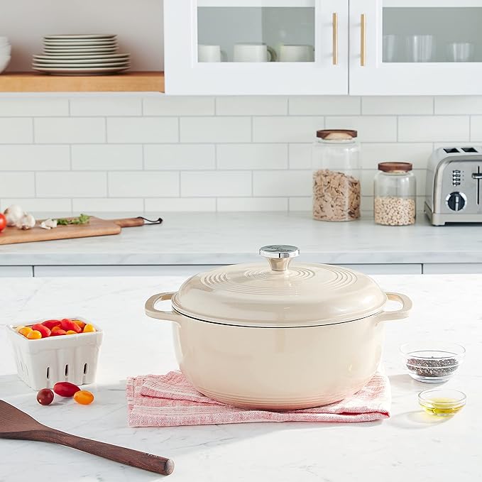 Lodge Essential Enamel Cast Iron Dutch Oven - Perfect for Bread Baking, Braising, Marinating & Slow Cooking - Features Moisture-Sealing Lid & Dual Handles - Kitchen Essentials - 6 Quarts - Sandalwood