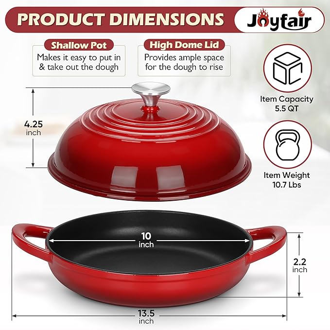 Bread Dutch Oven for Sourdough Baking (5.5 QT), Joyfair Enameled Cast Iron Dutch Oven Pot with Lid, Sourdough Bread Pan with Heavy Duty Dual Handles, Non-Stick & Even Heat, Oven-safe up to 500°F, Red