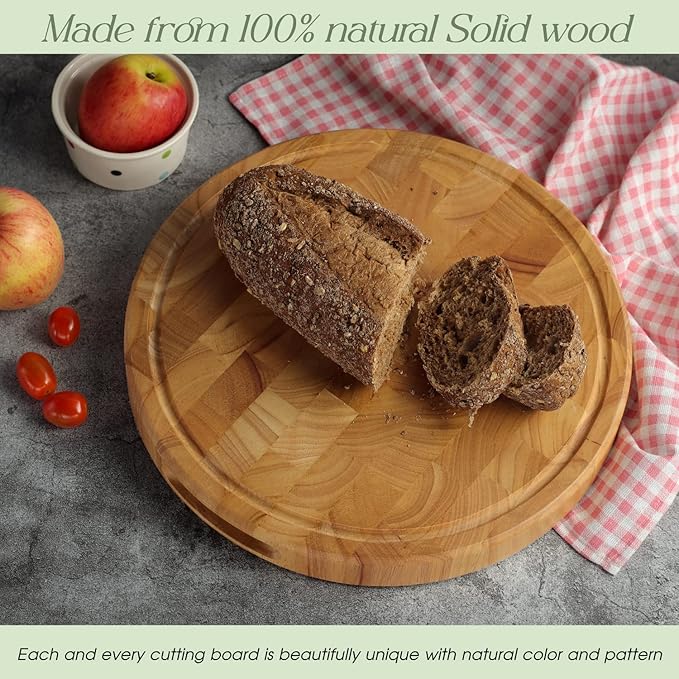 Extra Large & Thick Wood Cutting Board 13 x 13 x1.5 Inch, End Grain Built-In Compartment and Juice Canal, Heavy Duty Chopping Board, Thick Carving Board for Bread Fruits (Round: 13 x 13 x 1.5 inch)