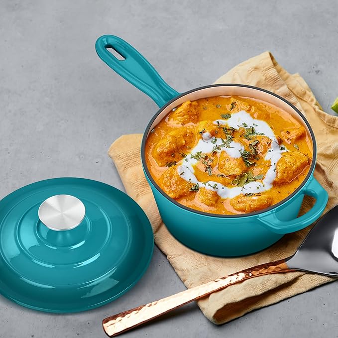 Enameled Cast Iron Sauce Pan with Lid, Leonyo 1 Quart Saucepan with Lid, Enamel Cast Iron Pot Dutch Oven Kitchen Cookware for All Cooktops Cooking Pasta, Soup, Milk - Up to 500°F & 4.4Lbs, Lake Green