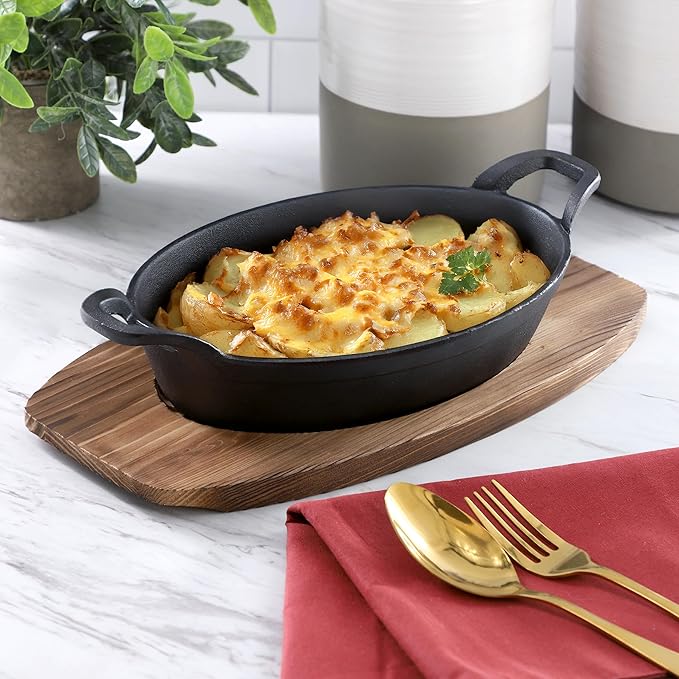 Megachef Cast Iron Mini Oval Pan/Saute Pan with Wood Tray, Cookware, Bakeware, Serveware (1 Piece)