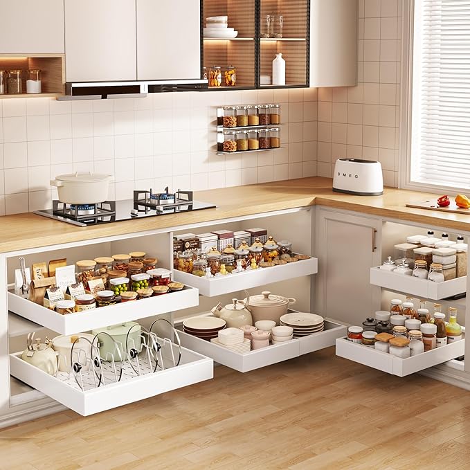 4 Pack Pull out Cabinet Organizer 21"Deep with Raising Pad for Framed Cabinets, Expandable Slide out Drawers for Kitchen Cabinets with 4pcs Divider Racks, Roll out Shelves 12.1"-20.4" W White